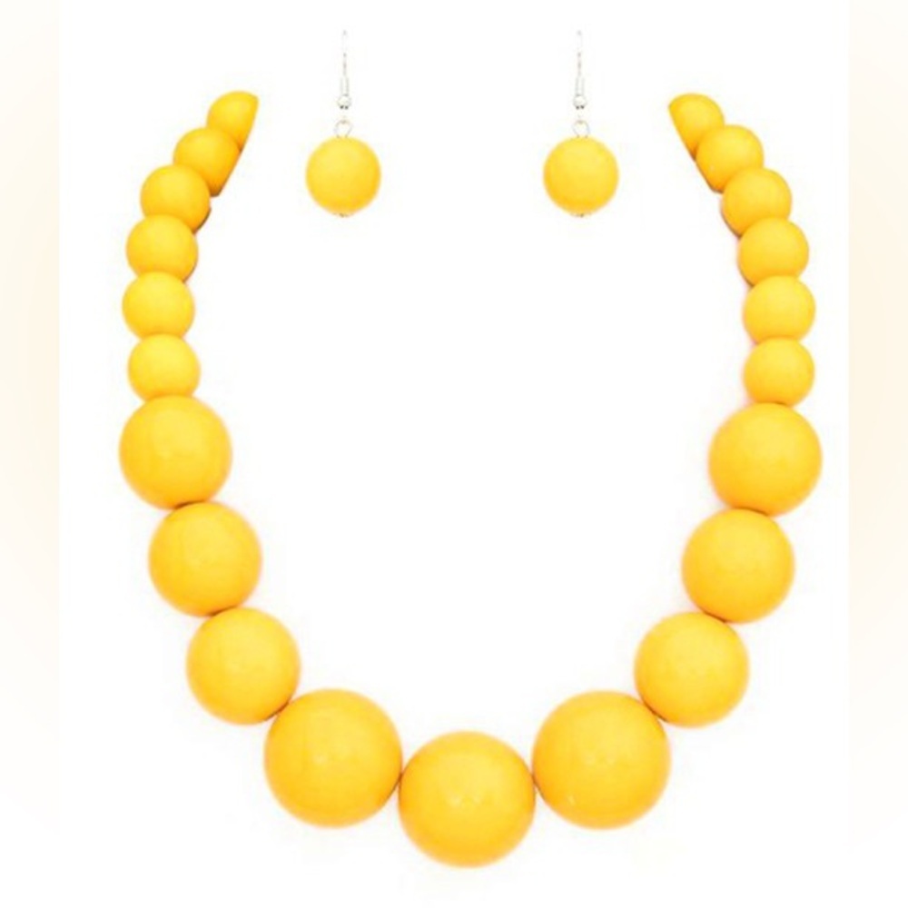 Yellow Large Beaded Statement Necklace and Matching Earring Set